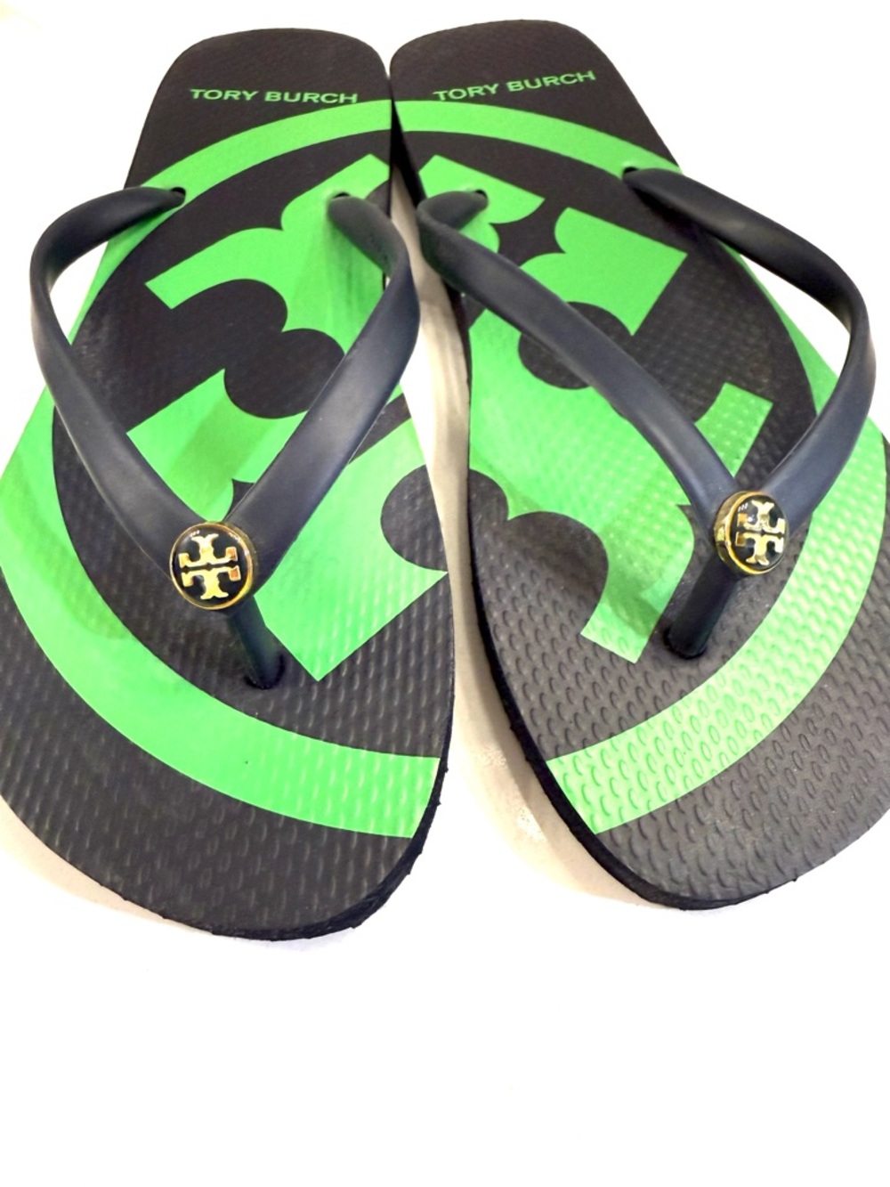 Brand New!Tory Burch Navy Blue & Green Logo Flip Flops-Size 8 - Picture 3 of 6